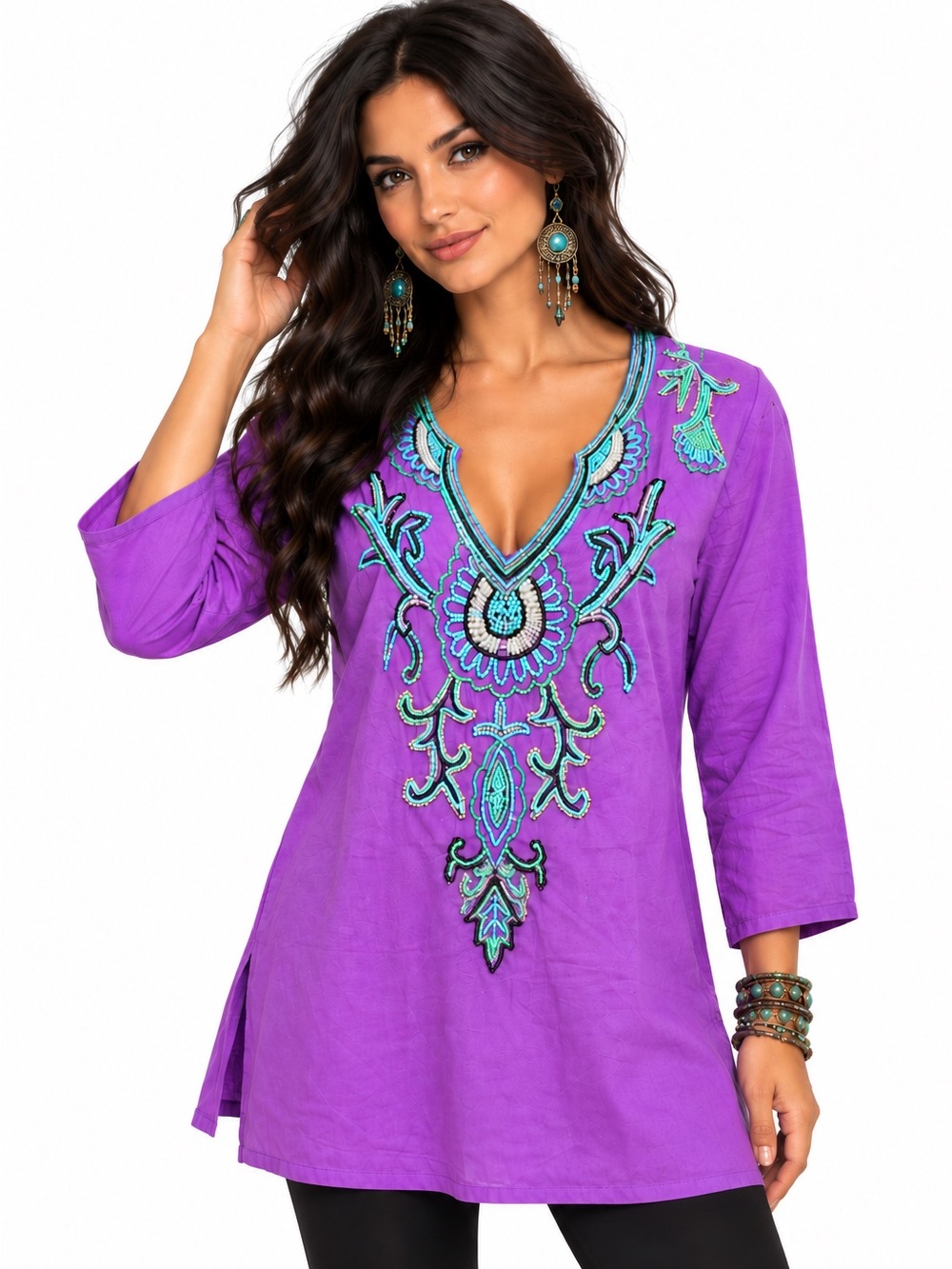 Cute Options 100% Cotton Purple Turquoise Beaded Boho Top Small